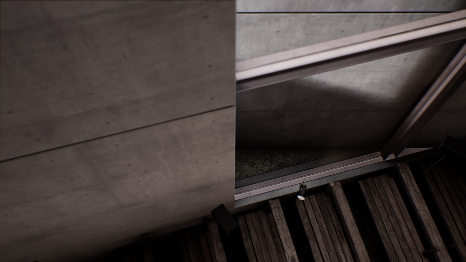 Photo from the ceiling showing the big window and the metalic frame